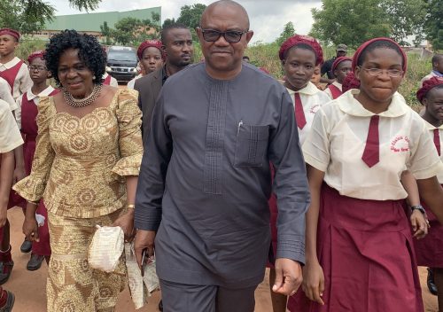 Prof Stella Akunna with Peter Obi during a visit to a school