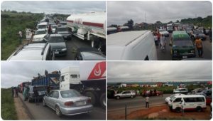 Truck drivers protesting the killing of colleague along Abuja/Kaduna Highway. Credit Kanydaily.com