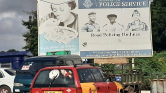 Ghana Police billboard requesting information about its officers even as they extort travellers recklessly